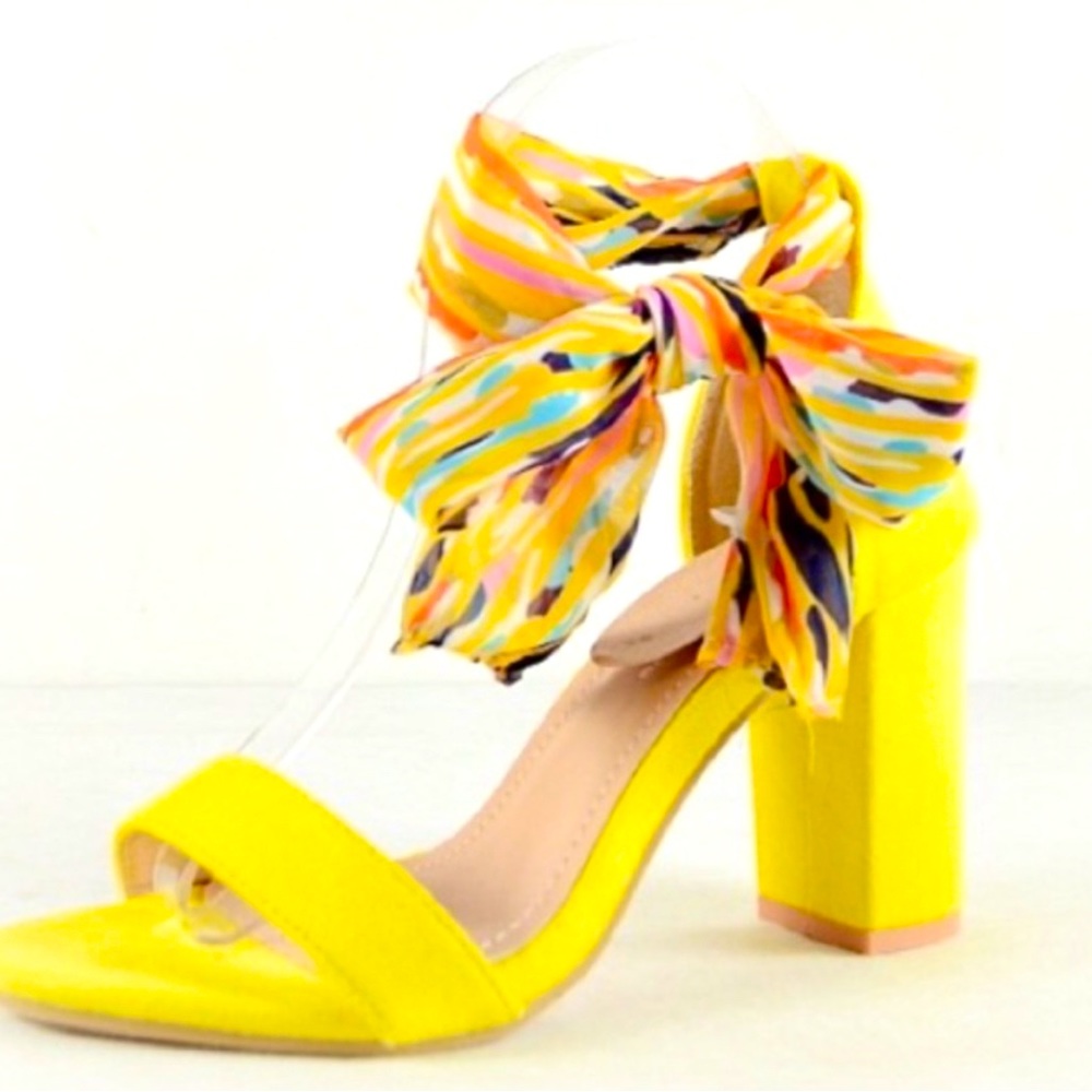 Liliana Yellow Chunky Heels with Scarf Tie